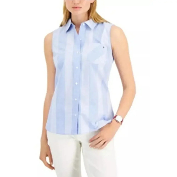 Tommy Hilfiger Cotton Cooper Blue & White Checked Sleeveless Top, size Large 60 - Picture 1 of 6
